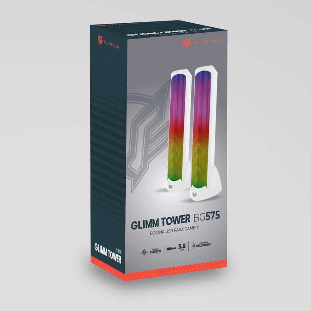 Bocinas Gamer | Glimm Tower BG575 | Bluetooth + 10 W + 2.0 Ch Iluminación RGB+ 2.0 Canales | Blanco