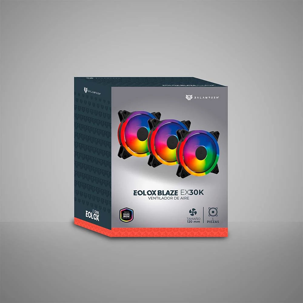Kit de 3 Ventiladores | Eolox Blaze EX30K | 120 mm ARGB  Diseño Circular con borde led  Rainbown  120x120x25mm + 1200 RPM + Hidráulico + 12 V + MOLEX | Negro