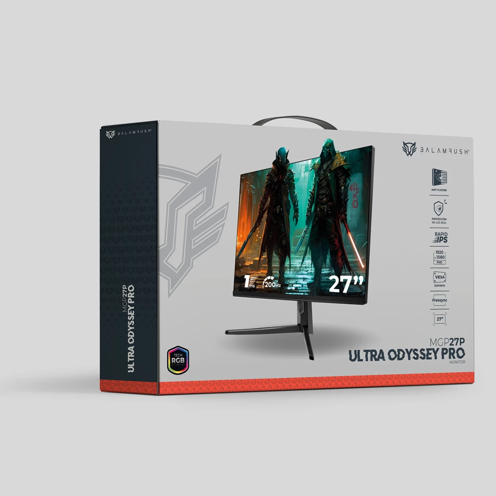 Monitor Gamer Plano  27" Ultra Odyssey Pro MGP27P Fast IPS + 200 Hz + 1 ms + FullHD / 2x HDMI 2.1 + 1x DP + 3.5mm + Iluminacion RGB / Negro