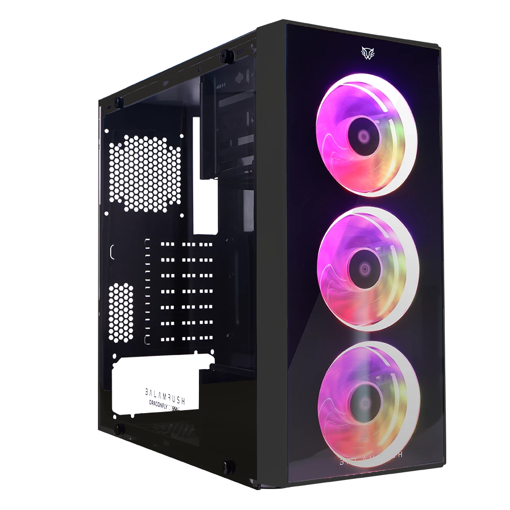 Gabinete Gamer Media Torre | Dragonfly GM320 | Max MB ATX Panel Izq Cristal + Frente Cristal 1xUSB 3.0 + 3xFan RGB | Negro