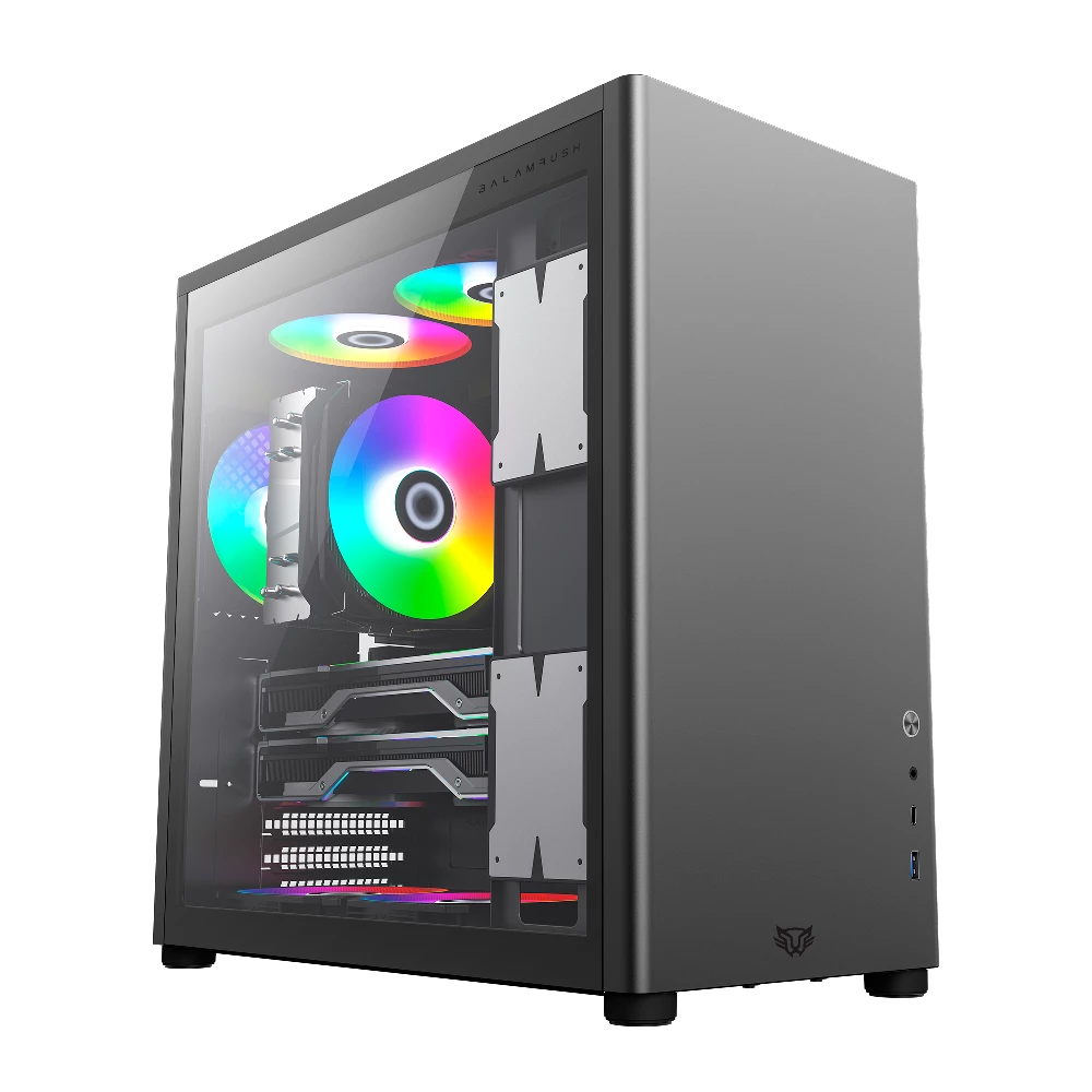 Gabinete Gamer Media Torre | Eris Especial GM985 | Max MB ATX Laterales Cristal + Frente Solido + Full Color Box 1xUSB 3.0 + 1x USB TipoC | Gris