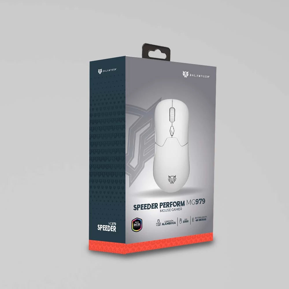 Mouse Gamer Multidipositivo | Speeder Perform MG979 | Inalámbrico 2.4 MHz + 2 Modos Bluetooth / Caratulas y Switch intercambiables / Recargable Tipo C + 600 mAh  / 5000 DPI / RGB + 7 Botones | Blanco