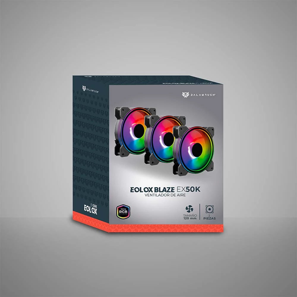 Kit de 3 Ventiladores | Eolox Blaze EX50K 120 mm ARGB | Diseño Circular con borde led | Rainbown | 120x120x25mm + 1500 RPM | 3 Pin + Aurea RGB | Incluye Hub 4 Pin + 3 Pin para 8 Vent | Negro