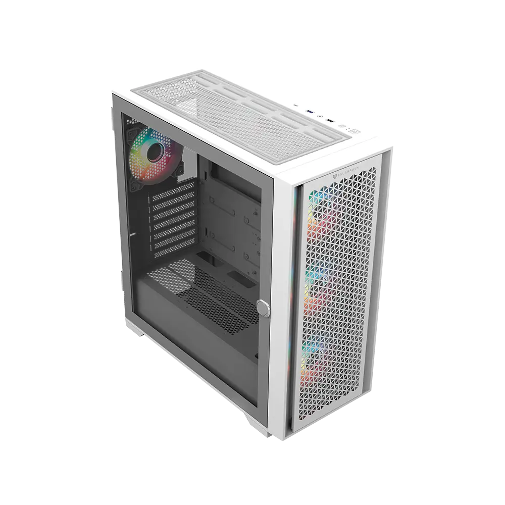 Gabinete Gamer Full | Torre Carbono Twin Mate 9000 | Max MB E-ATX 385 mm | 1x USB 3.0 + 1x USB 2.0 + 1x USB C 3.1 + 4x Fan ARGB | Panel Izq Cristal con Bisagras + Frente Intercambiable Cristal- Mesh | Blanco