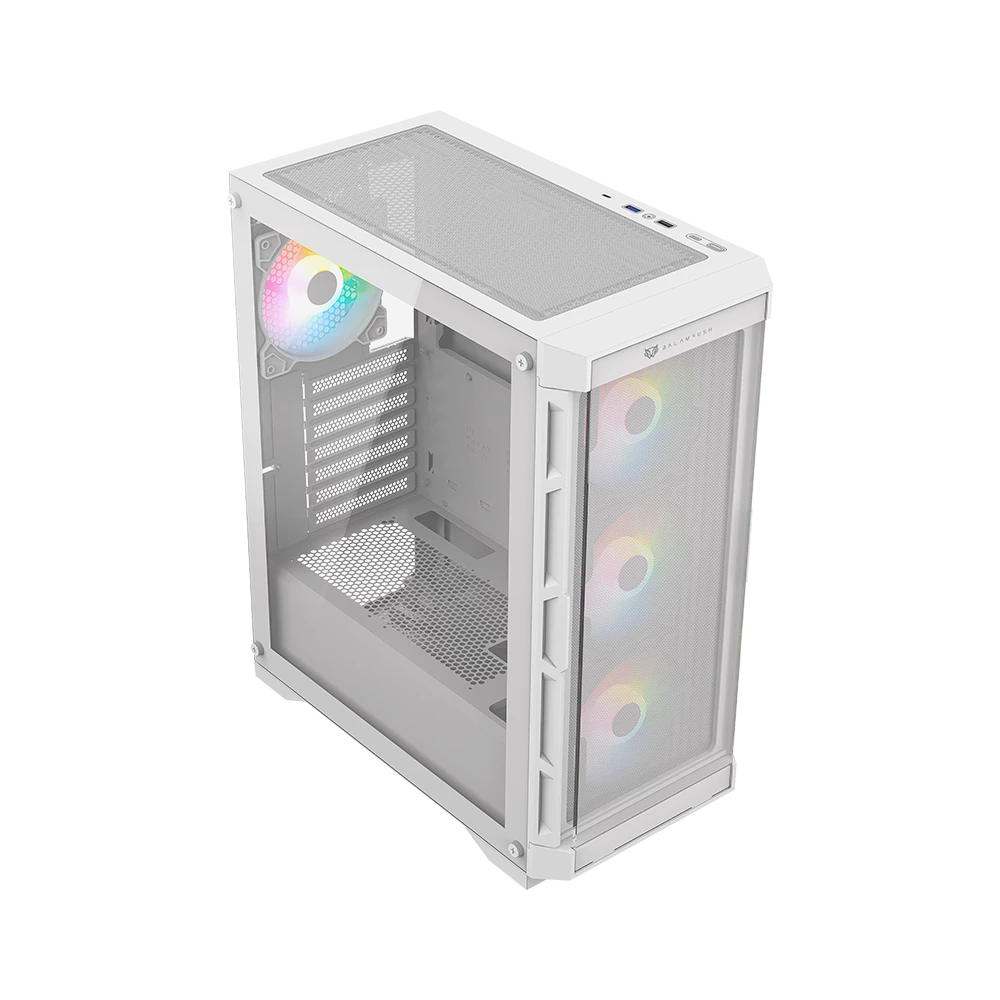 Gabinete Gamer Media Torre | Carbono Twin Mate 5000 | Max MB ATX 320 mm | 1x USB 3.0 + 1x USB 2.0 + 1x USB C 3.1 + 4x Fan ARGB | Panel Izq Cristal + Frente Intercambiable Cristal- Mesh | Blanco