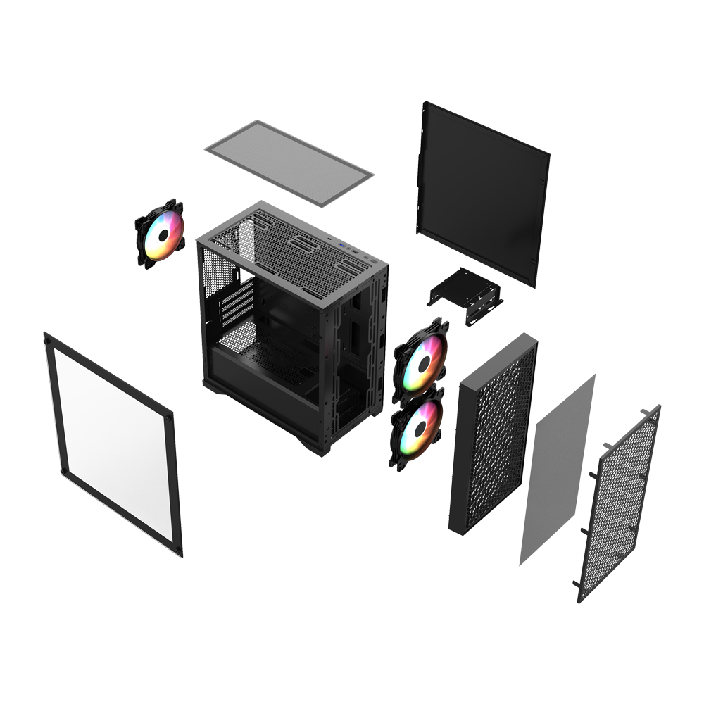 Gabinete Gamer Mini Torre | Carbono Aircool 4000A | Max MB M-ATX 340 mm | 1x USB 3.0 + 1x USB 2.0 + 1x USB C 3.1 + 3x Fan ARGB | Panel Izq Cristal + Frente Mesh | Negro