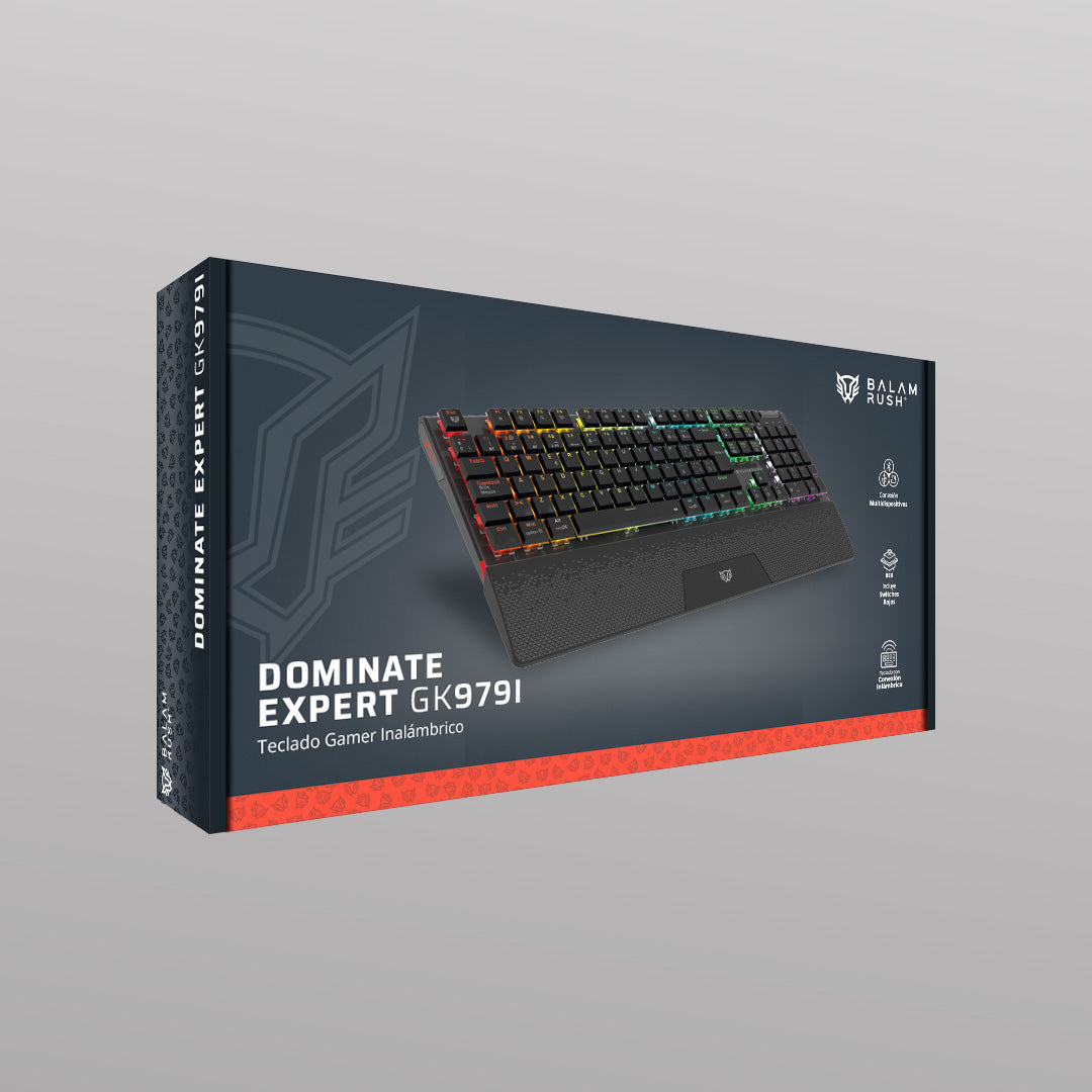 Teclado Gamer Mecánico Multidispositivo | Dominate Expert GK979I | 2.4 MHz  2 modos Bluetooth | 100%  Estructura Aluminio Premium  Perilla y Botones Multimedia | Switch Rojo Intercambiables  RGB Dinámico | Recargable | Legend | Negro