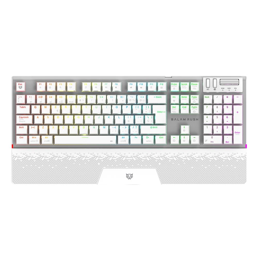 Teclado Gamer Mecánico Multidispositivo | Dominate Expert GK979I | 2.4 MHz  2 modos Bluetooth | 100%  Estructura Aluminio Premium  Perilla y Botones Multimedia | Switch Rojo Intercambiables  RGB Dinámico | Recargable | Legend | Blanco