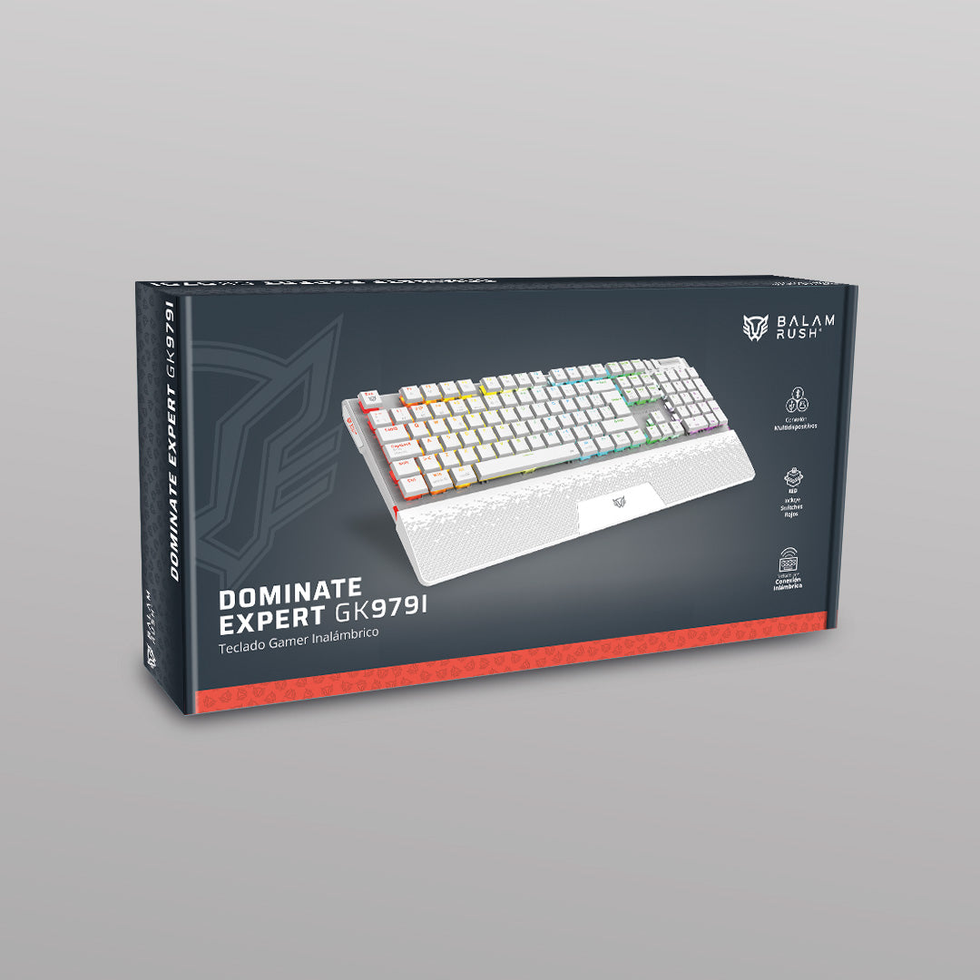 Teclado Gamer Mecánico Multidispositivo | Dominate Expert GK979I | 2.4 MHz  2 modos Bluetooth | 100%  Estructura Aluminio Premium  Perilla y Botones Multimedia | Switch Rojo Intercambiables  RGB Dinámico | Recargable | Legend | Blanco