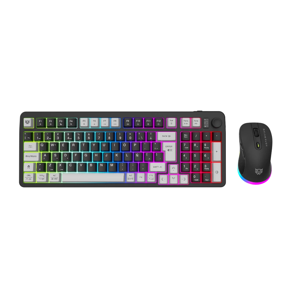 Combo Gamer 2 en 1 Inalámbrico | Squad Conquest Pro KG525 | Teclado + Mouse | 2.4 MHz + 2 modos Bluetooth + USB C | Mouse Óptico + 7200 DPI + Teclado 85% + Diseño Compacto + Teclas de membrana + RGB | Recargable | Azender | Negro