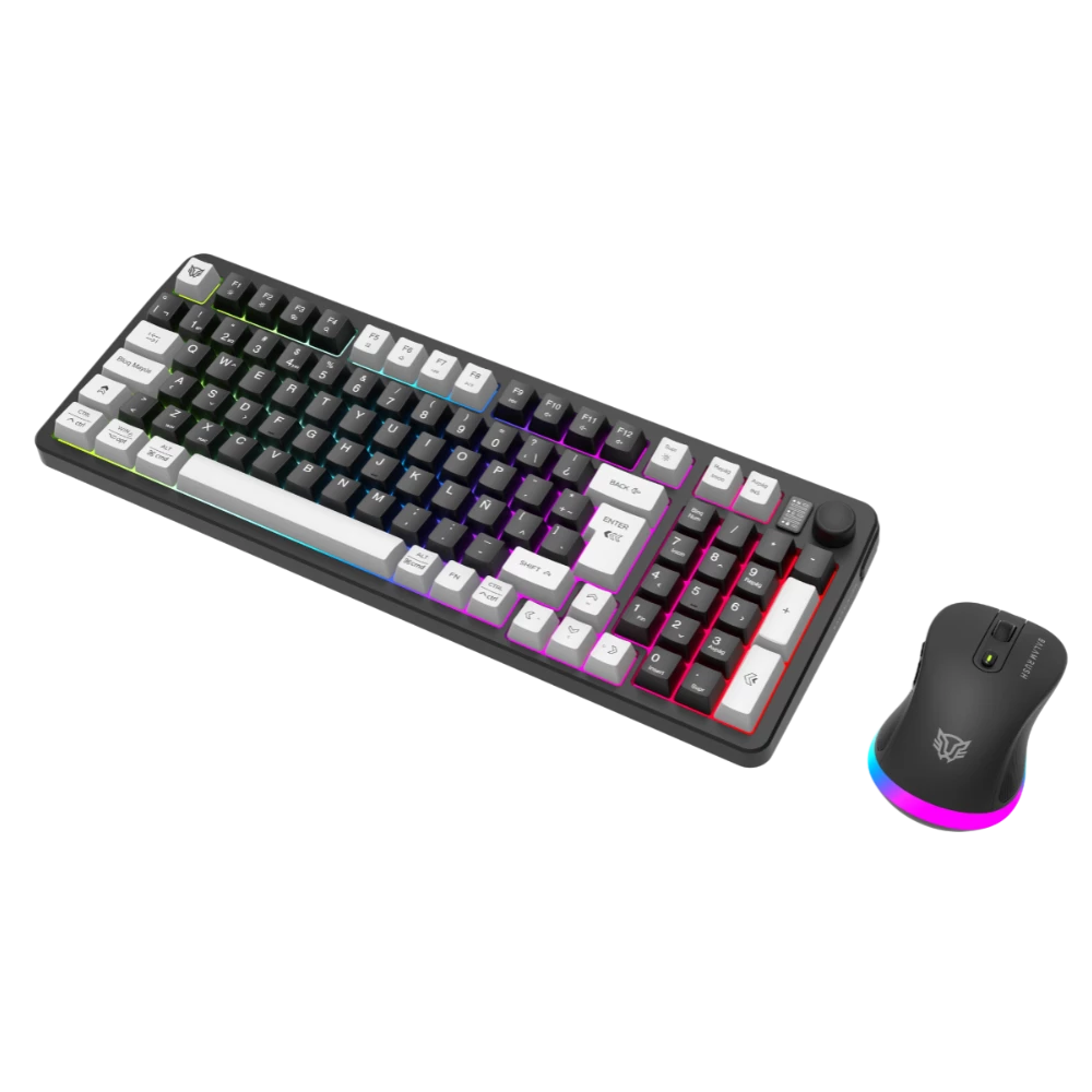 Combo Gamer 2 en 1 Inalámbrico | Squad Conquest Pro KG525 | Teclado + Mouse | 2.4 MHz + 2 modos Bluetooth + USB C | Mouse Óptico + 7200 DPI + Teclado 85% + Diseño Compacto + Teclas de membrana + RGB | Recargable | Azender | Negro