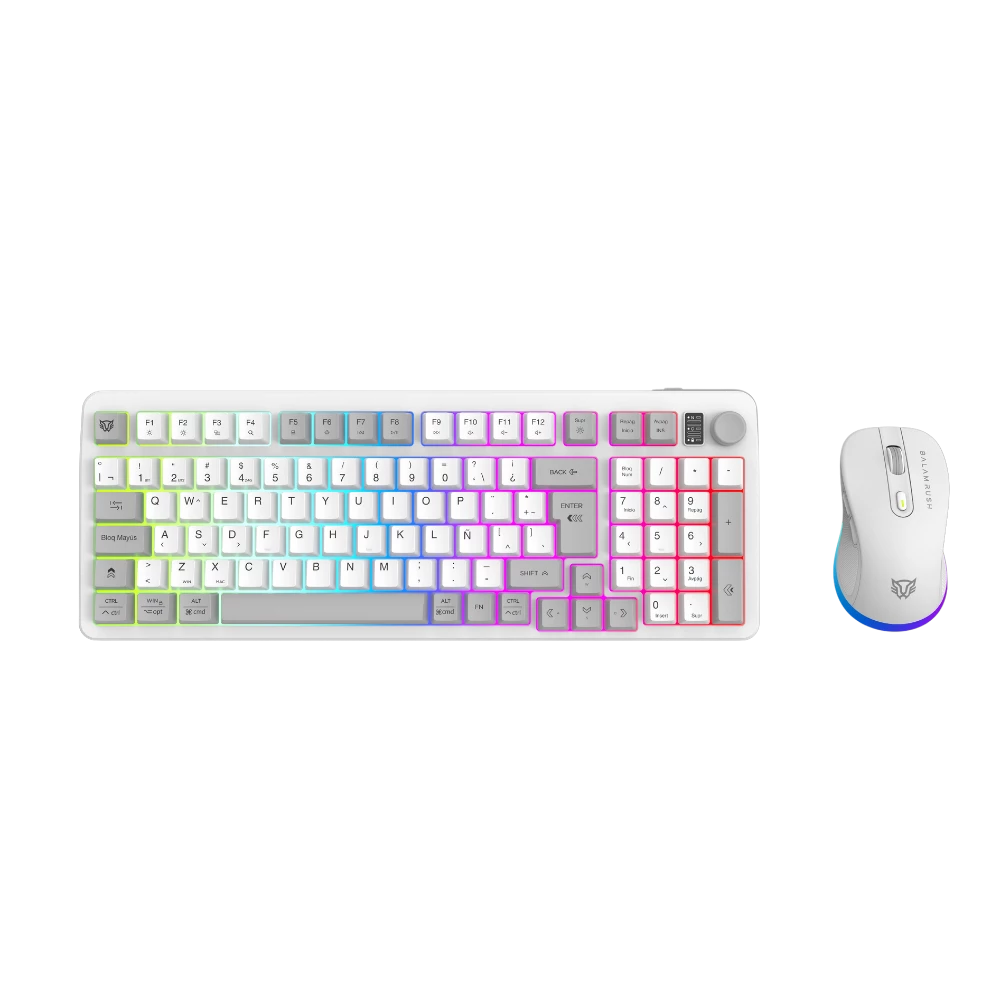 Combo Gamer 2 en 1 Inalámbrico | Squad Conquest Pro KG525 | Teclado + Mouse | 2.4 MHz + 2 modos Bluetooth + USB C | Mouse Óptico + 7200 DPI + Teclado 85% + Diseño Compacto + Teclas de membrana + RGB | Recargable | Azender | Blanco