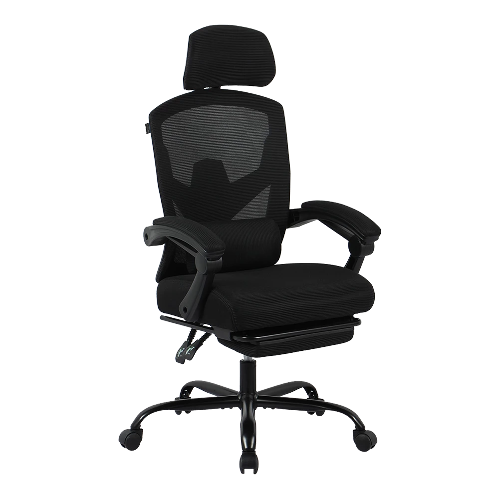 Silla Gamer | Bolt Nou B | Malla + Espuma + Nylon | Pistón Clase 3 + Soporta hasta 130 kg + Mecanismo Mecánico + Inclinación 140° | Reposabrazos Fijos + Reposa Pies + Cojín Lumbar | Azender | Negro