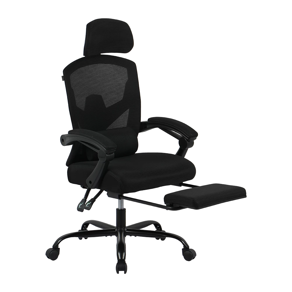 Silla Gamer | Bolt Nou B | Malla + Espuma + Nylon | Pistón Clase 3 + Soporta hasta 130 kg + Mecanismo Mecánico + Inclinación 140° | Reposabrazos Fijos + Reposa Pies + Cojín Lumbar | Azender | Negro