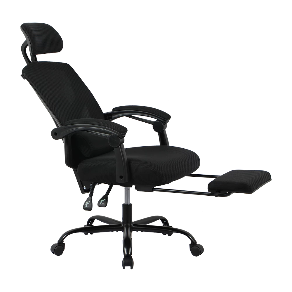 Silla Gamer | Bolt Nou B | Malla + Espuma + Nylon | Pistón Clase 3 + Soporta hasta 130 kg + Mecanismo Mecánico + Inclinación 140° | Reposabrazos Fijos + Reposa Pies + Cojín Lumbar | Azender | Negro