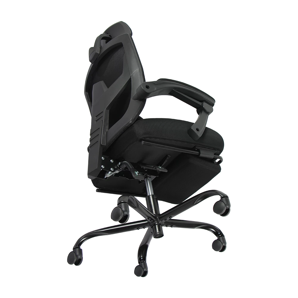 Silla Gamer | Bolt Nou B | Malla + Espuma + Nylon | Pistón Clase 3 + Soporta hasta 130 kg + Mecanismo Mecánico + Inclinación 140° | Reposabrazos Fijos + Reposa Pies + Cojín Lumbar | Azender | Negro