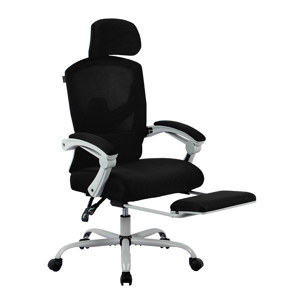 Silla Gamer | Bolt Nou W | Malla + Espuma + Nylon | Pistón Clase 3 + Soporta hasta 130 kg + Mecanismo Mecánico + Inclinación 140° | Reposabrazos Fijos + Reposa Pies + Cojín Lumbar | Azender | Blanco