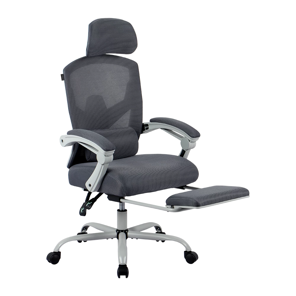 Silla Gamer | Bolt Nou W | Malla + Espuma + Nylon | Pistón Clase 3 + Soporta hasta 130 kg + Mecanismo Mecánico + Inclinación 140° | Reposabrazos Fijos + Reposa Pies + Cojín Lumbar | Azender | Gris