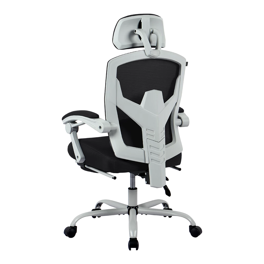 Silla Gamer | Bolt Nou W | Malla + Espuma + Nylon | Pistón Clase 3 + Soporta hasta 130 kg + Mecanismo Mecánico + Inclinación 140° | Reposabrazos Fijos + Reposa Pies + Cojín Lumbar | Azender | Blanco