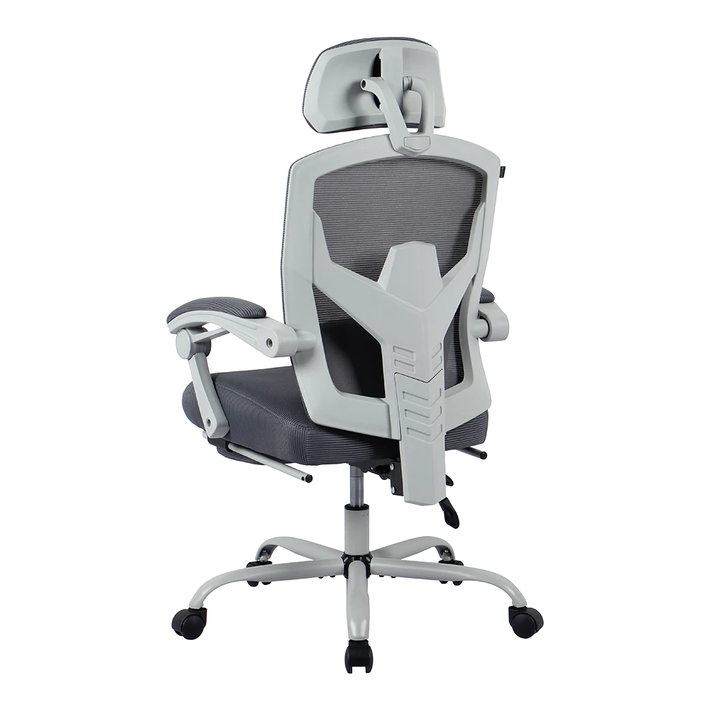 Silla Gamer | Bolt Nou W | Malla + Espuma + Nylon | Pistón Clase 3 + Soporta hasta 130 kg + Mecanismo Mecánico + Inclinación 140° | Reposabrazos Fijos + Reposa Pies + Cojín Lumbar | Azender | Gris