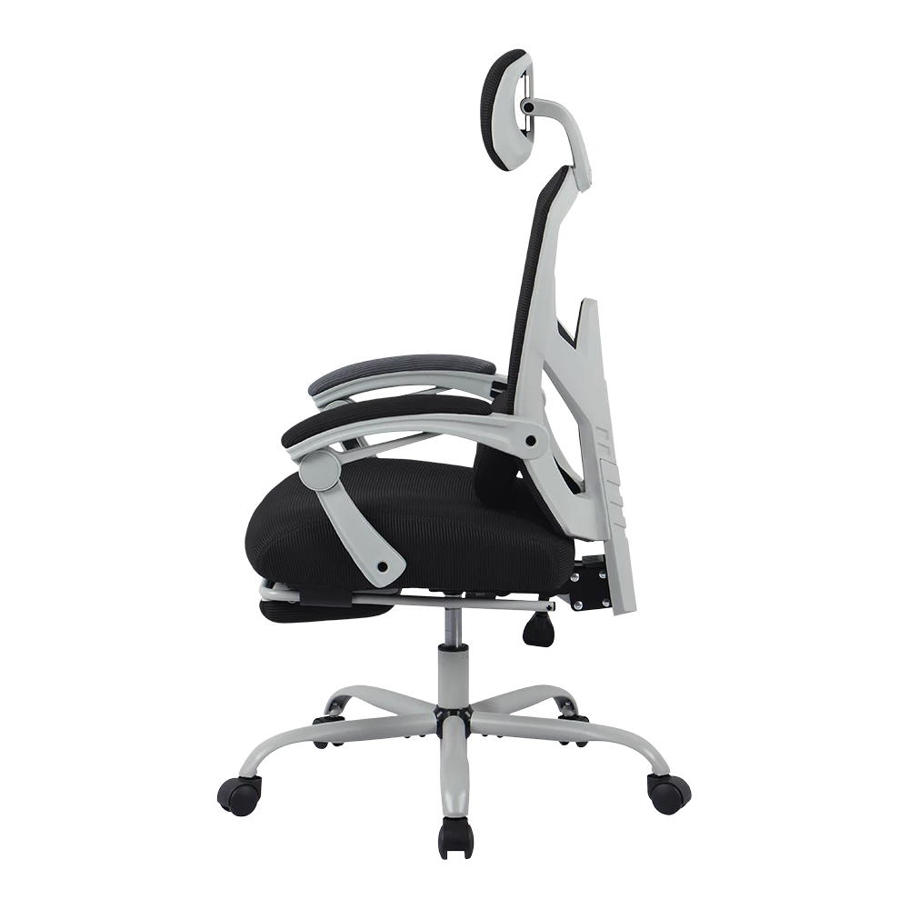 Silla Gamer | Bolt Nou W | Malla + Espuma + Nylon | Pistón Clase 3 + Soporta hasta 130 kg + Mecanismo Mecánico + Inclinación 140° | Reposabrazos Fijos + Reposa Pies + Cojín Lumbar | Azender | Blanco