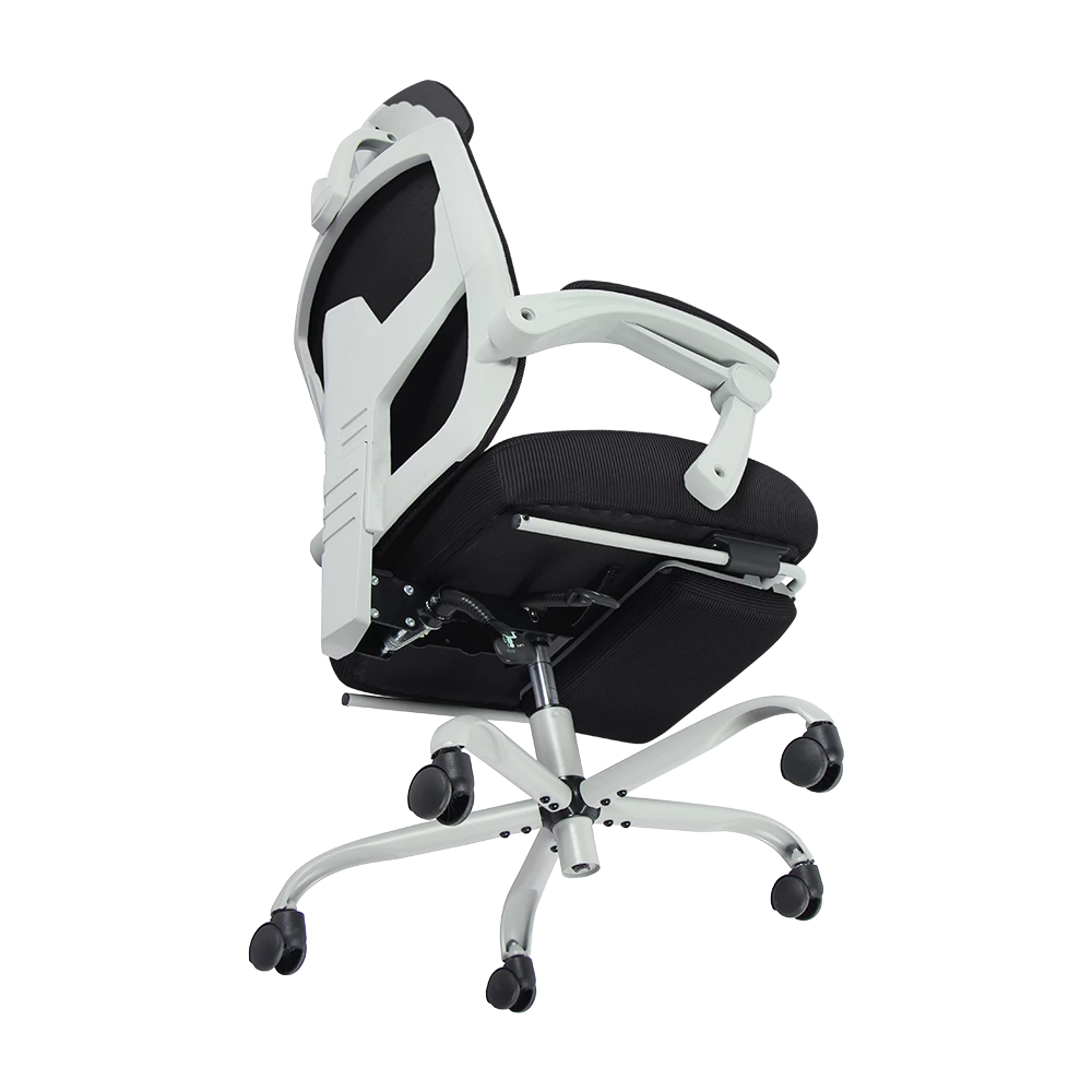 Silla Gamer | Bolt Nou W | Malla + Espuma + Nylon | Pistón Clase 3 + Soporta hasta 130 kg + Mecanismo Mecánico + Inclinación 140° | Reposabrazos Fijos + Reposa Pies + Cojín Lumbar | Azender | Blanco