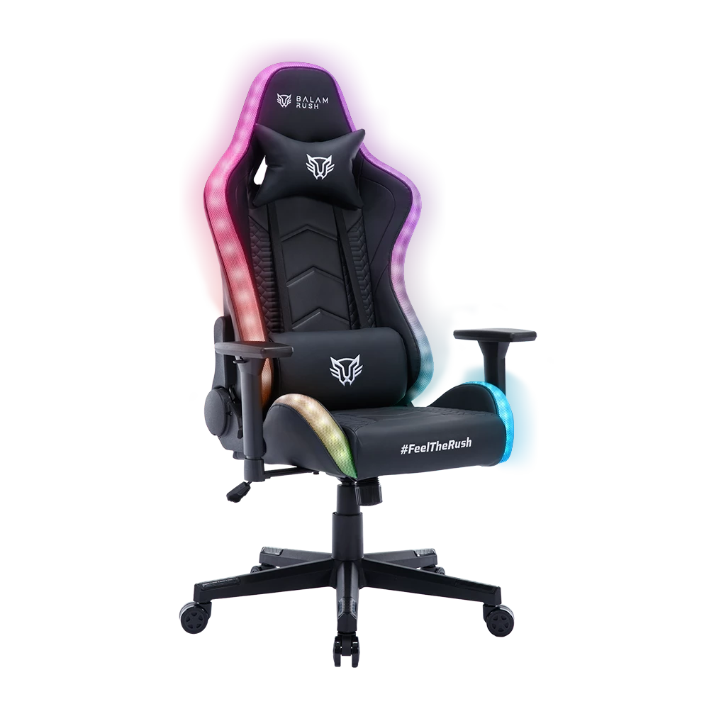 Silla Gamer | Lightning Rush V2 | PVC + PU + Espuma Moldeada + Nylon | Pistón Clase 4 + Soporta hasta 150 Kg + Mecanismo Mariposa + Inclinación 135° + Iluminación RGB | Reposabrazos 4D + Cojín Lumbar + Cojín Cervical | Azender | Negro