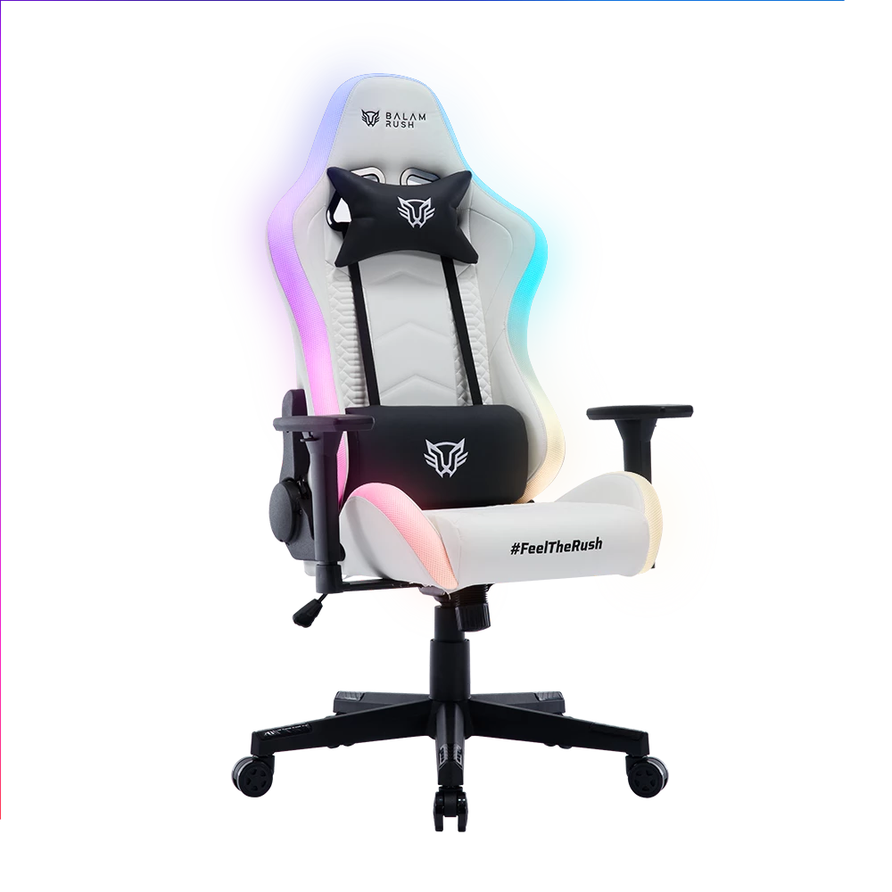 Silla Gamer | Lightning Rush V2 | PVC + PU + Espuma Moldeada + Nylon | Pistón Clase 4 + Soporta hasta 150 Kg + Mecanismo Mariposa + Inclinación 135° + Iluminación RGB | Reposabrazos 4D + Cojín Lumbar + Cojín Cervical | Azender | Perla