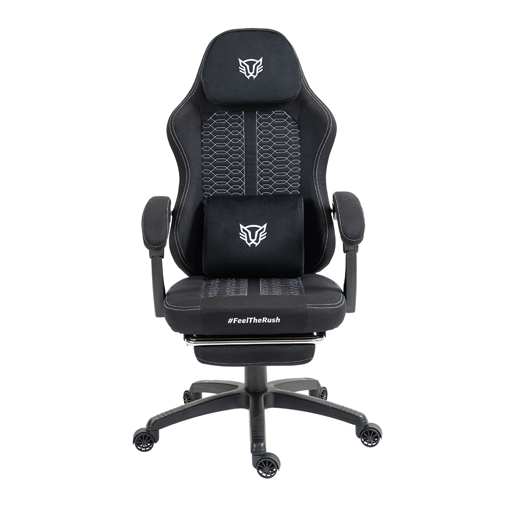 Silla Gamer | Force Plus Z1 | Tela + PVC + Algodón + Nylon | Pistón Clase 2 + Soporte hasta 120 kg + Mecanismo Mecánico + Inclinación 135° | Reposabrazos Fijos + Reposa Pies + Cojín Lumbar + Cojín Cervical | Nova | Negro