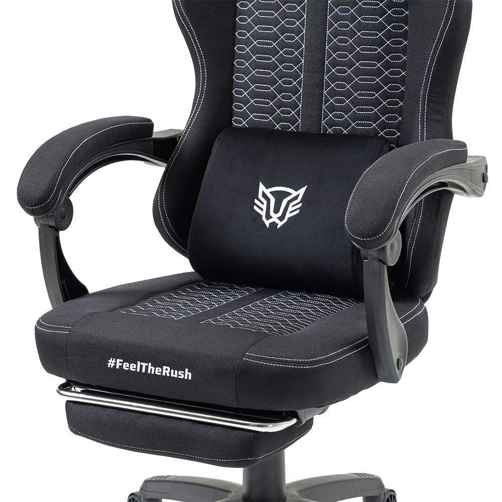 Silla Gamer | Force Plus Z1 | Tela + PVC + Algodón + Nylon | Pistón Clase 2 + Soporte hasta 120 kg + Mecanismo Mecánico + Inclinación 135° | Reposabrazos Fijos + Reposa Pies + Cojín Lumbar + Cojín Cervical | Nova | Negro