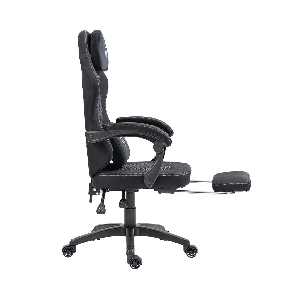 Silla Gamer | Force Plus Z1 | Tela + PVC + Algodón + Nylon | Pistón Clase 2 + Soporte hasta 120 kg + Mecanismo Mecánico + Inclinación 135° | Reposabrazos Fijos + Reposa Pies + Cojín Lumbar + Cojín Cervical | Nova | Negro