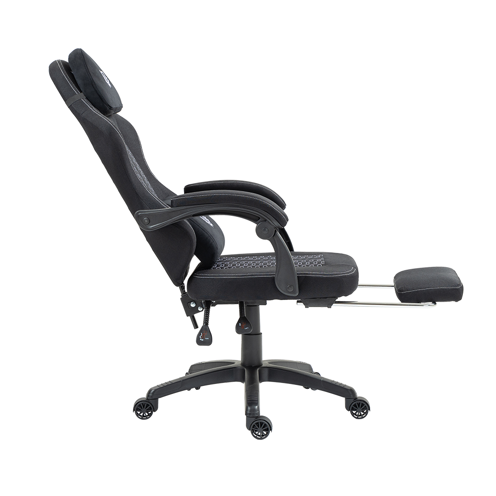 Silla Gamer | Force Plus Z1 | Tela + PVC + Algodón + Nylon | Pistón Clase 2 + Soporte hasta 120 kg + Mecanismo Mecánico + Inclinación 135° | Reposabrazos Fijos + Reposa Pies + Cojín Lumbar + Cojín Cervical | Nova | Negro