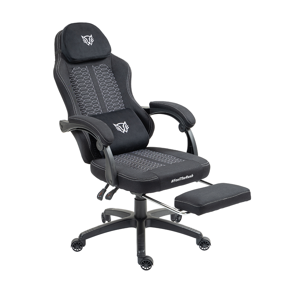 Silla Gamer | Force Plus Z1 | Tela + PVC + Algodón + Nylon | Pistón Clase 2 + Soporte hasta 120 kg + Mecanismo Mecánico + Inclinación 135° | Reposabrazos Fijos + Reposa Pies + Cojín Lumbar + Cojín Cervical | Nova | Negro