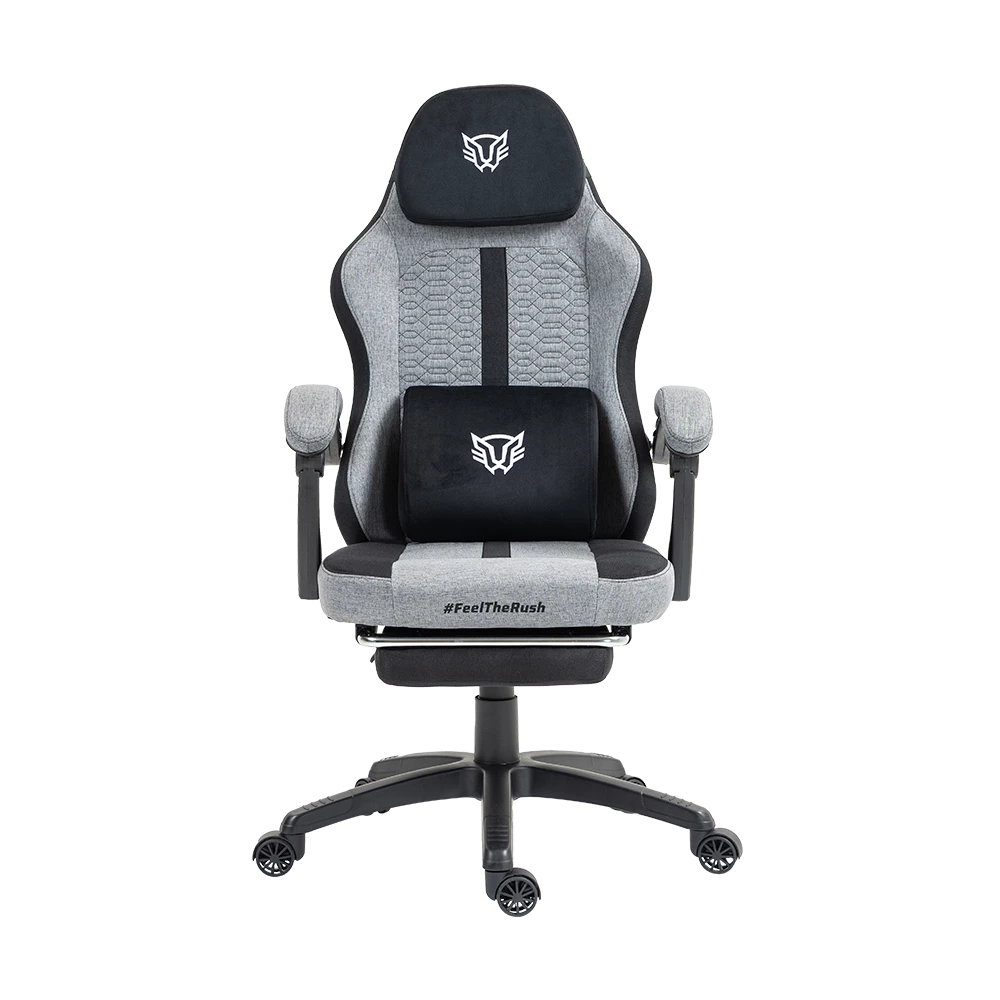 Silla Gamer | Force Plus Z1 | Tela + PVC + Algodón + Nylon | Pistón Clase 2 + Soporte hasta 120 kg + Mecanismo Mecánico + Inclinación 135° | Reposabrazos Fijos + Reposa Pies + Cojín Lumbar + Cojín Cervical | Nova | Gris