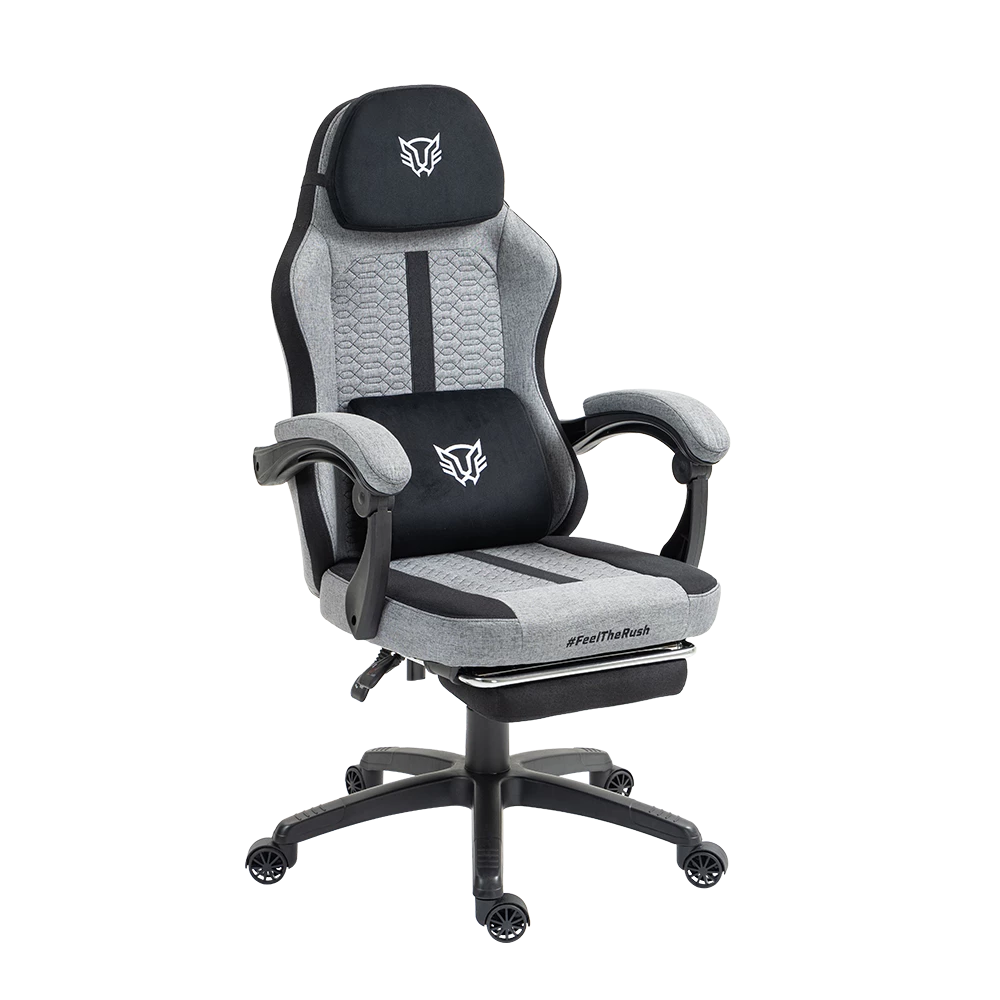 Silla Gamer | Force Plus Z1 | Tela + PVC + Algodón + Nylon | Pistón Clase 2 + Soporte hasta 120 kg + Mecanismo Mecánico + Inclinación 135° | Reposabrazos Fijos + Reposa Pies + Cojín Lumbar + Cojín Cervical | Nova | Gris