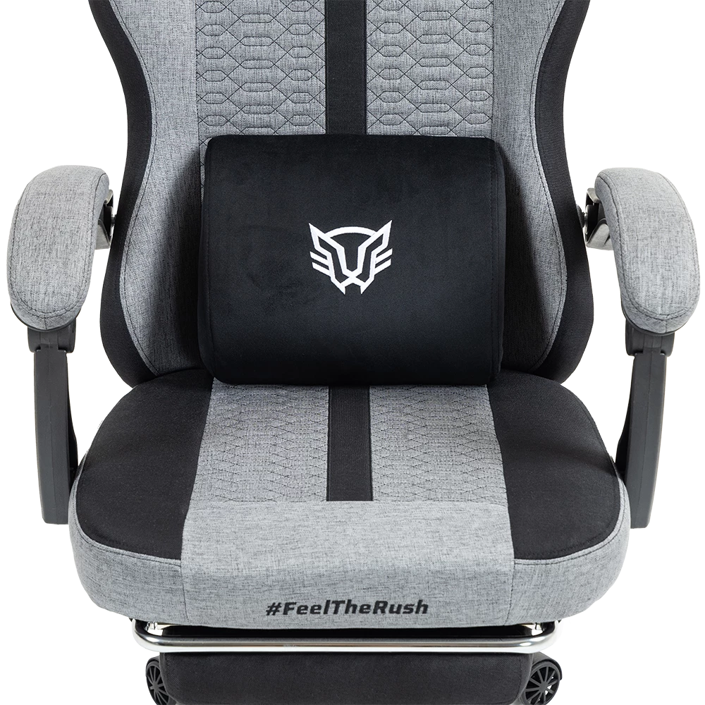 Silla Gamer | Force Plus Z1 | Tela + PVC + Algodón + Nylon | Pistón Clase 2 + Soporte hasta 120 kg + Mecanismo Mecánico + Inclinación 135° | Reposabrazos Fijos + Reposa Pies + Cojín Lumbar + Cojín Cervical | Nova | Gris