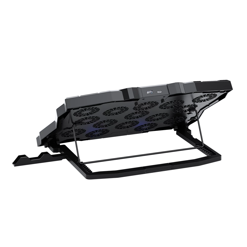 Base Enfriadora Para Laptop | Eolox Frost EF740 | ABS + Aluminio | 2 Ventiladores x 50 mm + 2x Ventiladores 60 mm + 4x Ventiladores 70 mm + 1x Ventilador 80 mm + 1 Puerto USB C + Soporte para Celular | 7 Niveles de Ajuste + RGB | Legend | Negro