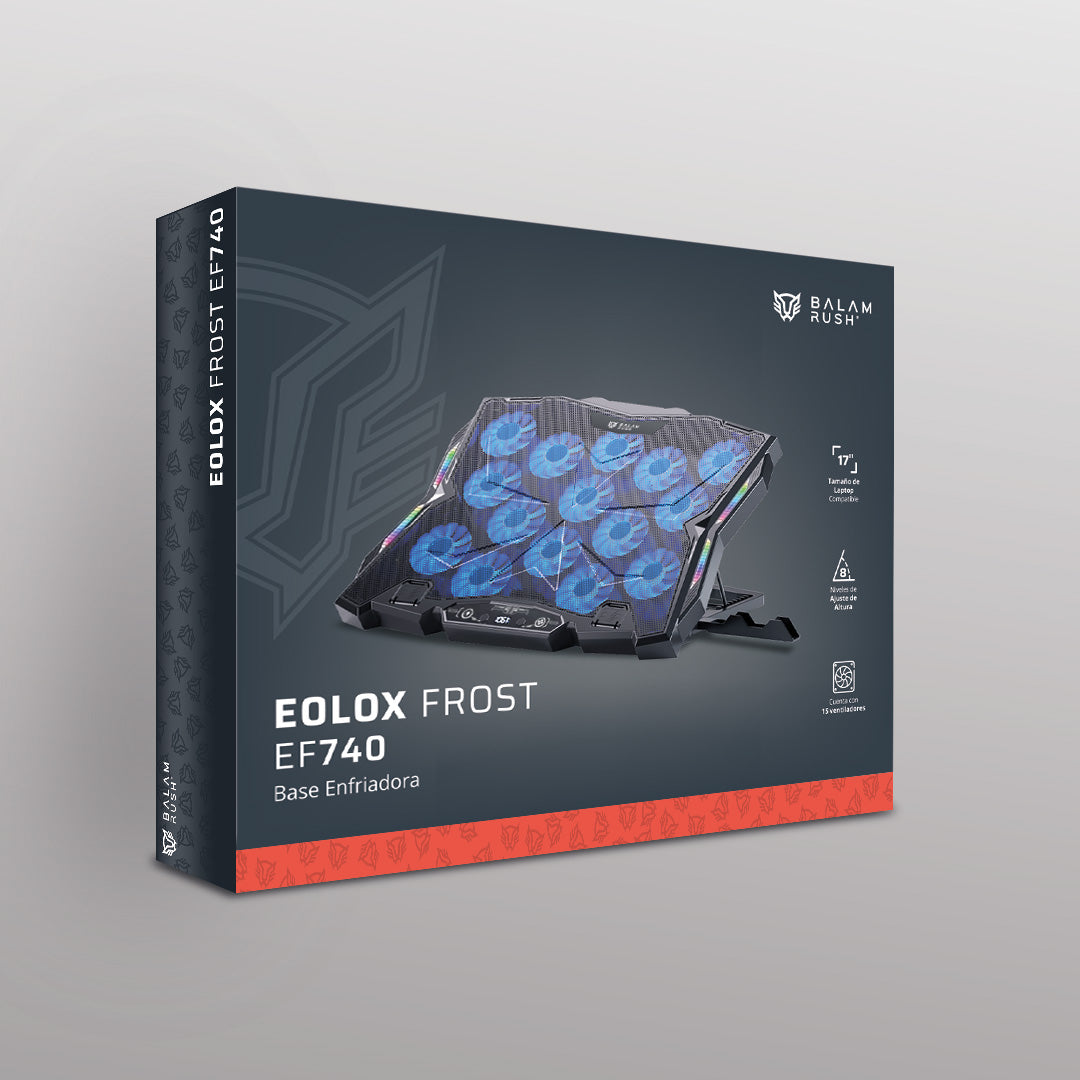 Base Enfriadora Para Laptop | Eolox Frost EF740 | ABS + Aluminio | 2 Ventiladores x 50 mm + 2x Ventiladores 60 mm + 4x Ventiladores 70 mm + 1x Ventilador 80 mm + 1 Puerto USB C + Soporte para Celular | 7 Niveles de Ajuste + RGB | Legend | Negro