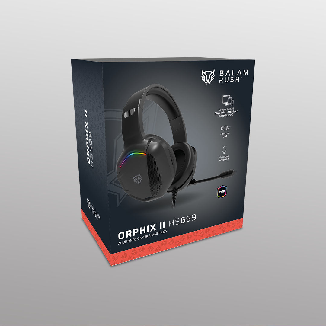 Audífonos Gamer | Orphix II HS699 Alámbricos + Over Ear + Bocinas 50 mm + Mic Fijo | Sonido Dinámico + Compatible con PC + Dispositivos móviles + Consolas | RGB + Jack 3.5 mm + USB | Azender Negro