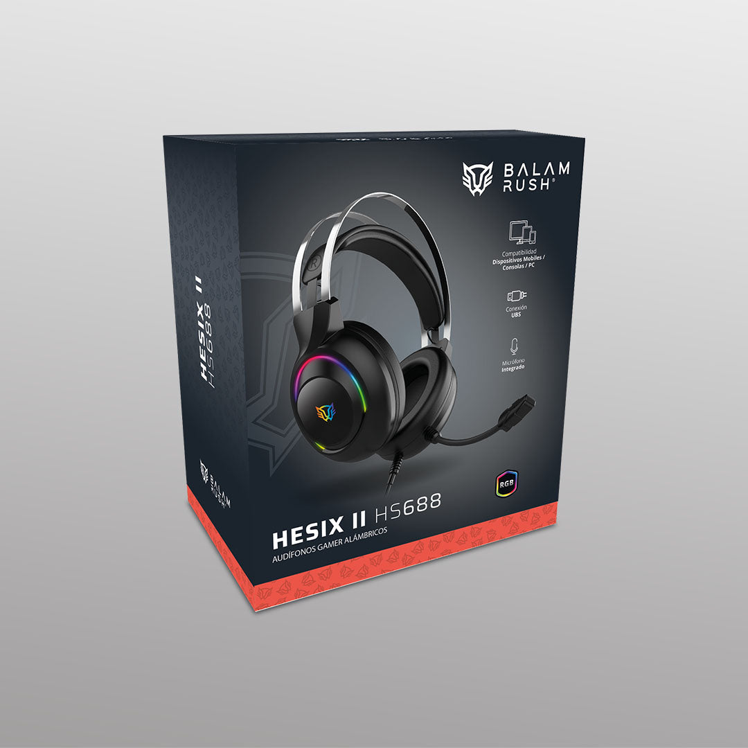 Audífonos Gamer | Hesix II HS688 | Alámbricos + Over Ear + Bocinas 50 mm + Mic Fijo | Sonido Dinámico + Compatible con PC + Dispositivos móviles + Consolas | RGB + Jack 3.5 mm + USB | Azender | Negro