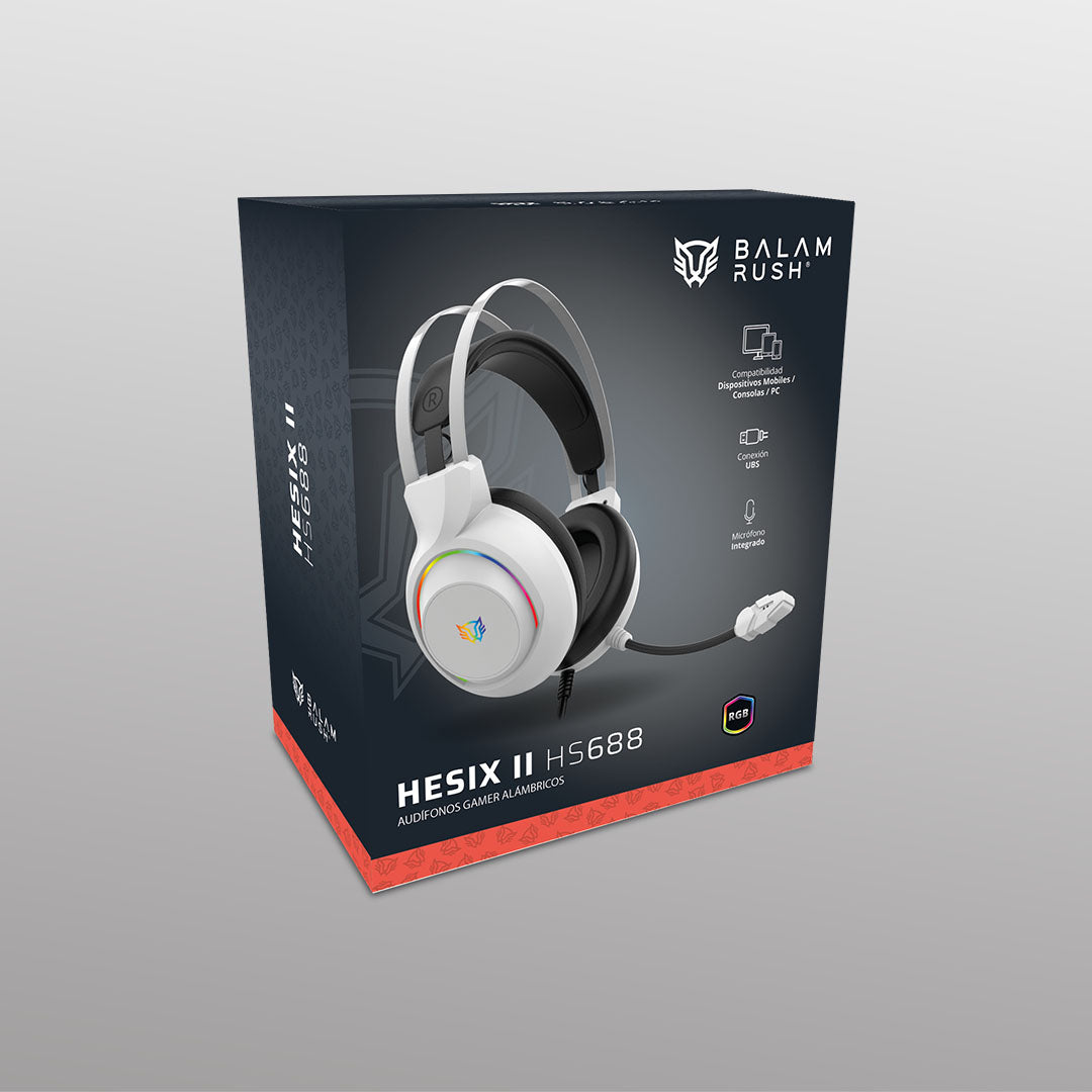 Audífonos Gamer | Hesix II HS688 | Alámbricos + Over Ear + Bocinas 50 mm + Mic Fijo | Sonido Dinámico + Compatible con PC + Dispositivos móviles + Consolas | RGB + Jack 3.5 mm + USB | Azender | Blanco