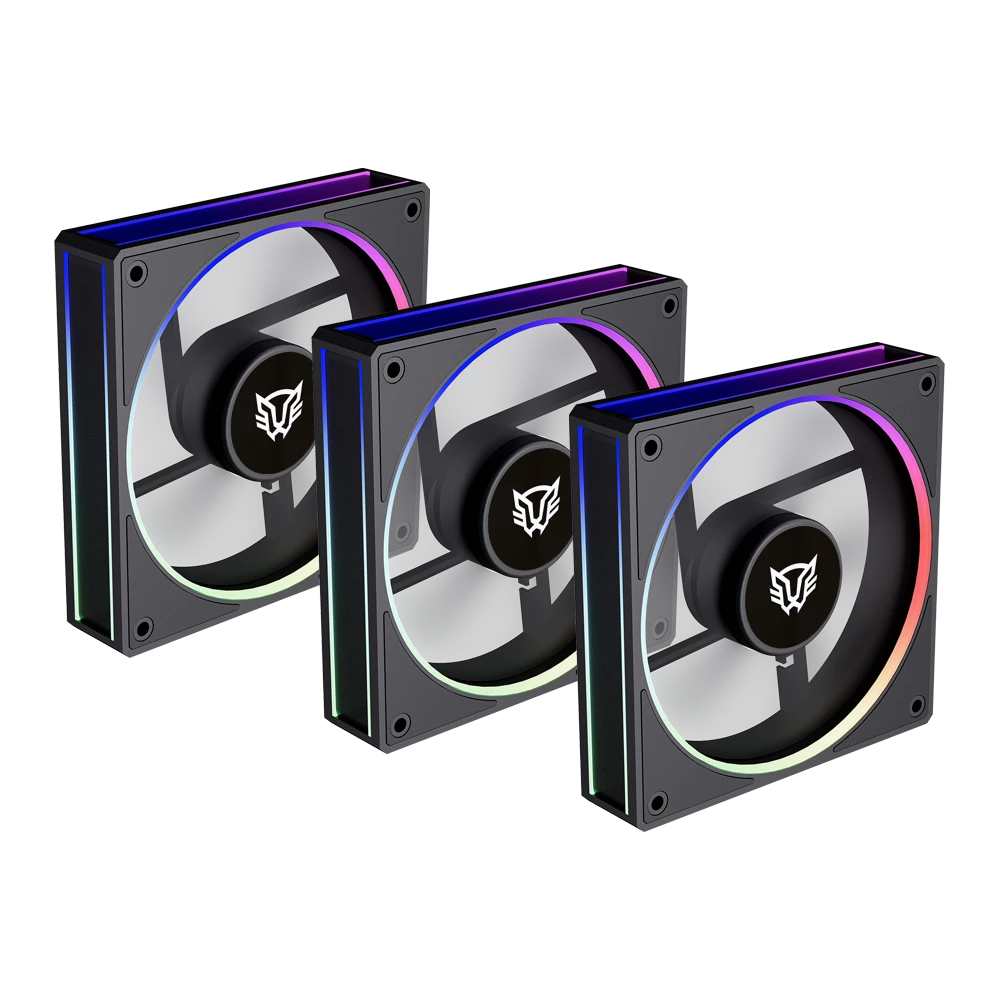 Kit 3 Ventiladores Aspas Inversas para PC | Eolox Bora-R EXB85R | Diseño Cuadrado | 120 mm / 600 - 1600 RPM / PWM 4 pin + Aurea RGB | Azender | Negro