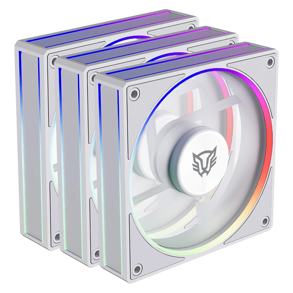 Kit 3 Ventiladores Aspas Inversas para PC | Eolox Bora-R EXB85R | Diseño Cuadrado | 120 mm | 600 - 1600 RPM | PWM 4 pin + Aurea RGB | Azender | Blanco