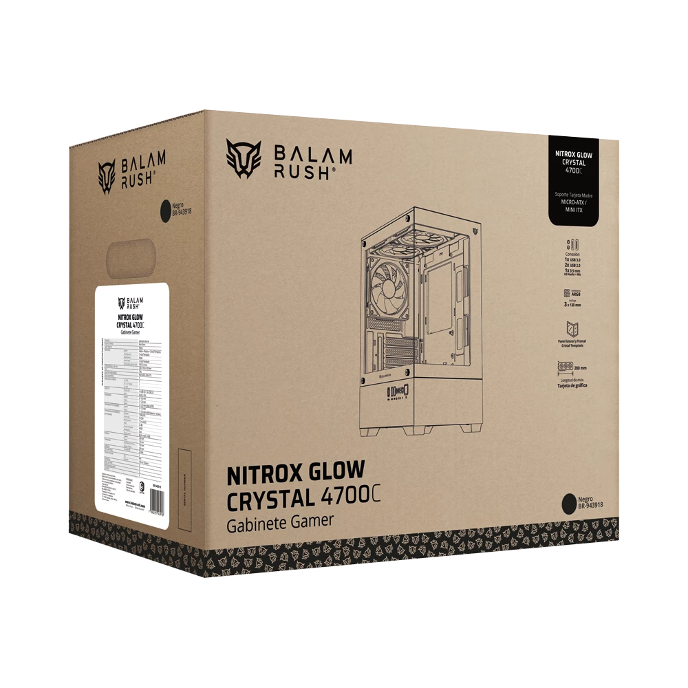 Gabinete Gamer Compact Mini Torre | Nitrox Glow Crystal 4700C | Negro