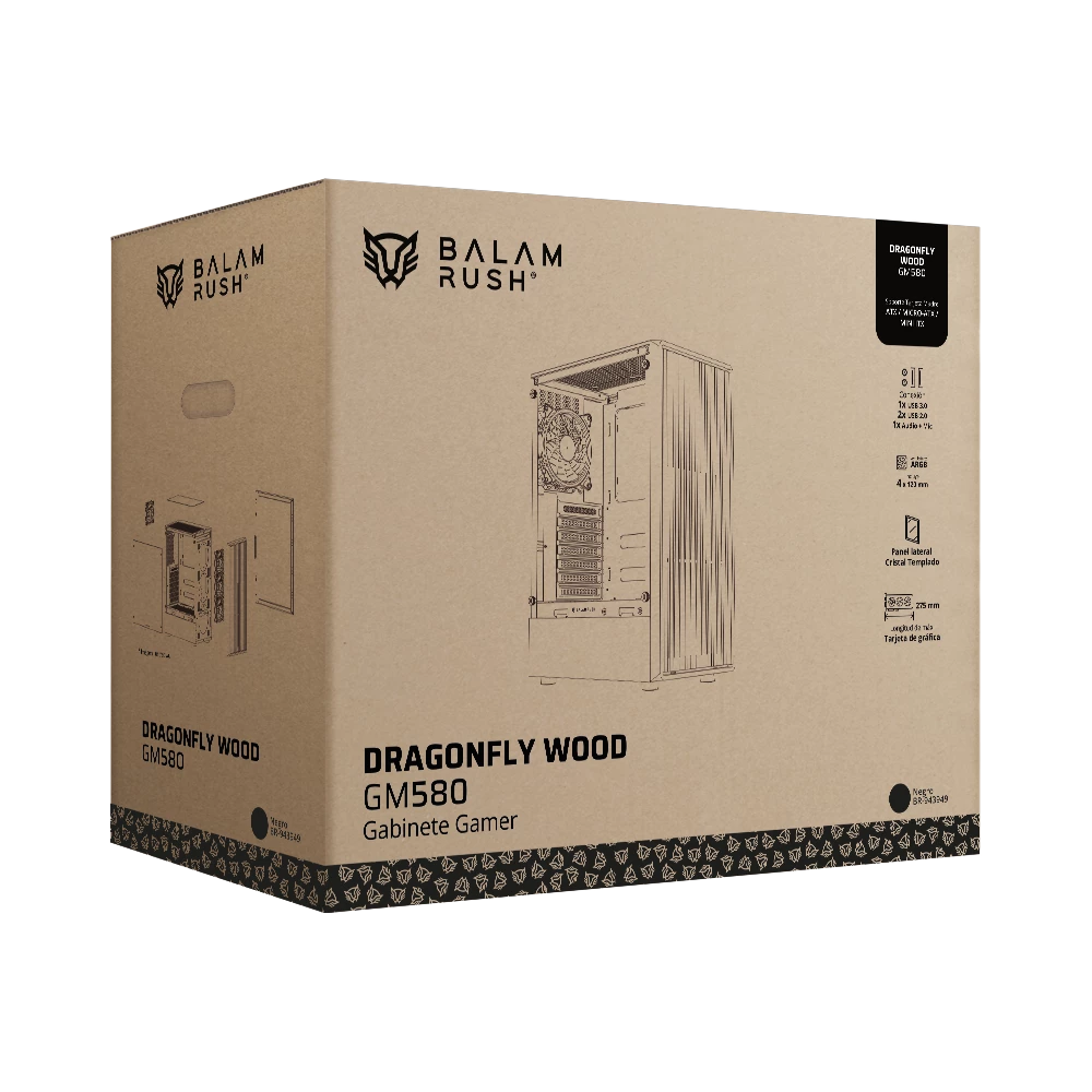 Gabinete Gamer Compact Media Torre | Dragonfly Wood GM580 | Negro