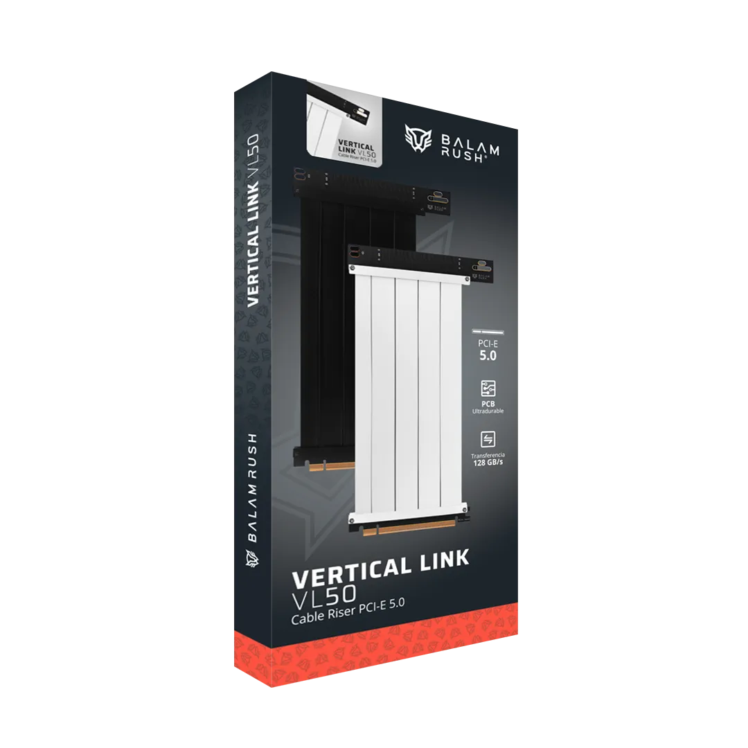 Cable Riser PCI-E 5.0 Vertical Link VL50 25 cm | Ranura x16 | 128 GB | Macho 0°+Hembra 90° | Blanco