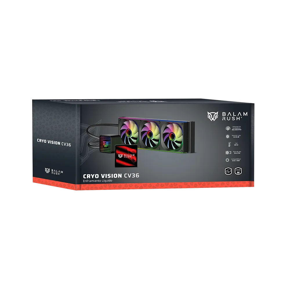 Enfriamiento Líquido 360 | Cryo Vision CV36 | TDP 300W | Pantalla LCD 4" | Bomba 2750 RPM | Triple Ventilador Marco único PWM+ARGB | Negro