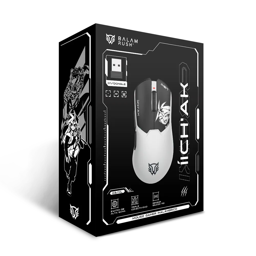 Mouse Gamer Inalámbrico ÍICH'AK IX999 | 2.4 GHz + 2 BT 5.3 | Pixart 3395 | 26000 Max DPI | 1000 Hz | Black&White