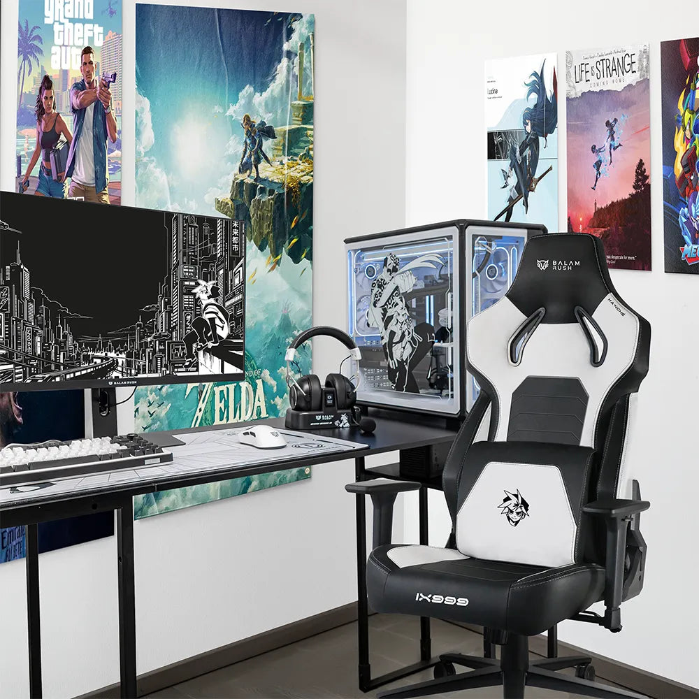 Silla Gamer K'ANCHÉ IX999 | Madera + PU + Espuma Moldeada + Metal | Pistón Clase 4 | Soporta hasta 150 kg | Mecanismo Mecánico | Inclinación 180° | Black&White
