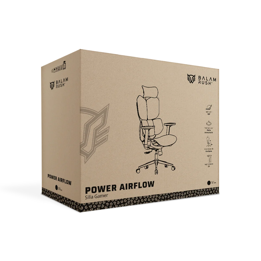 Silla Gamer Power Airflow / Nailon + PU / Piston Clase 4 / Soporta hasta 150 kg / Mecanismo Mariposa / Inclinación de 90° a 180° / Negro